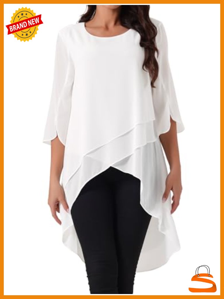 Women's High Low Asymmetrical Chiffon Blouse 3/4 Bell Sleeve Summer Top